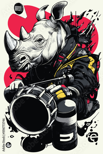 Rhino with a drum fused into its body, surreal and imaginative002