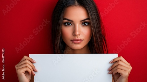 Isolated on Red color background with side space for letters a woman holding a white sign with both hands and looking towards the camera suitable for festive greetings Stock Photo with copy space