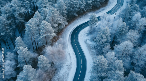 Aerial view of an asphalt road through an winter forest. AI generation.