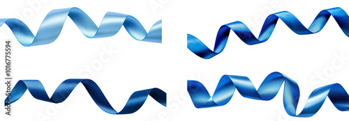 Set of minimalist curling blue ribbon isolated on white or transparent background, cutout PNG