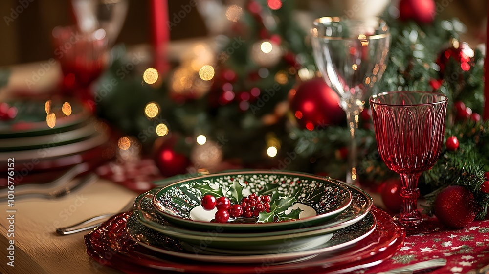 Festive Christmas Table Setting with Holly and Red Accents