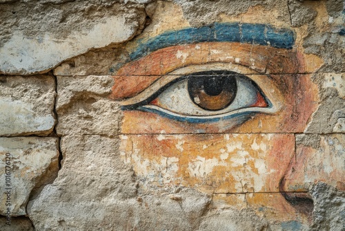 Ancient Egyptian Eye Painting on a Weathered Brick Wall