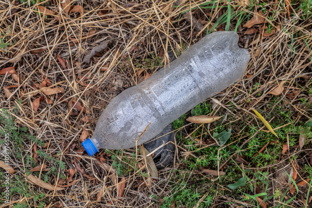 Obraz premium A carelessly discarded plastic water bottle. Plastic waste in nature. A global environmental problem.