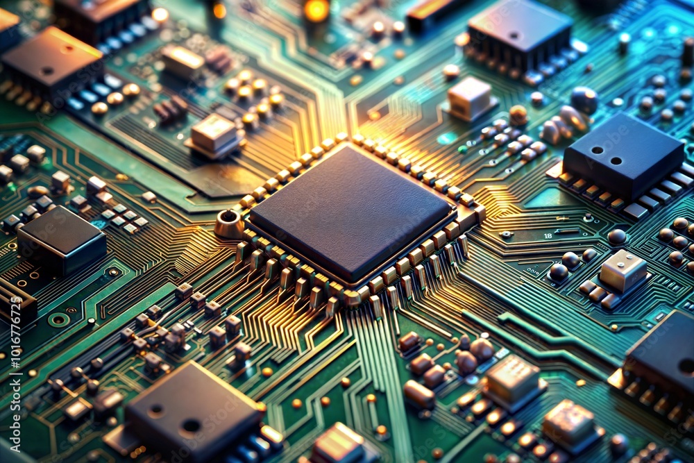 5G circuit board close-up featuring central microchip details 5G circuit board close-up featuring central microchip details