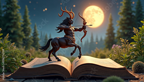 A centaur with bow and arrow stands on an open book under a full moon and a starry night sky
