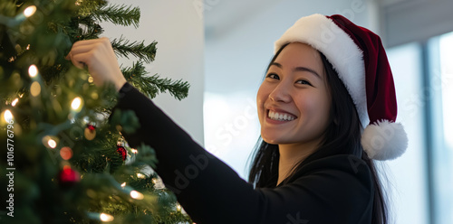 A young asian woman wearing a santa and black business suit is smiling while decorating a Christmas tree in a white minimalist office.  photo