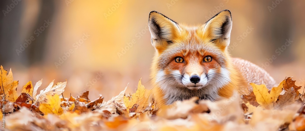 Obraz premium A tight shot of a fox in a mound of leaves, eyes fixed on the camera