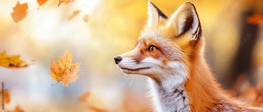 Obraz premium A tight shot of a fox holding a single leaf against its snout, surrounded by a sea of leaves in the foreground