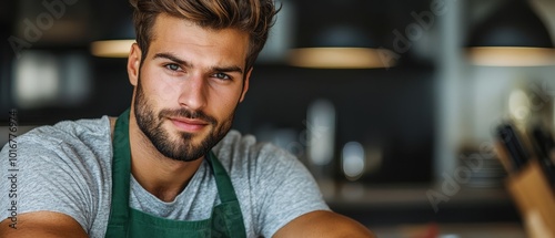  A bearded man in an apron poses before a table laden with utensils, ready for photograph