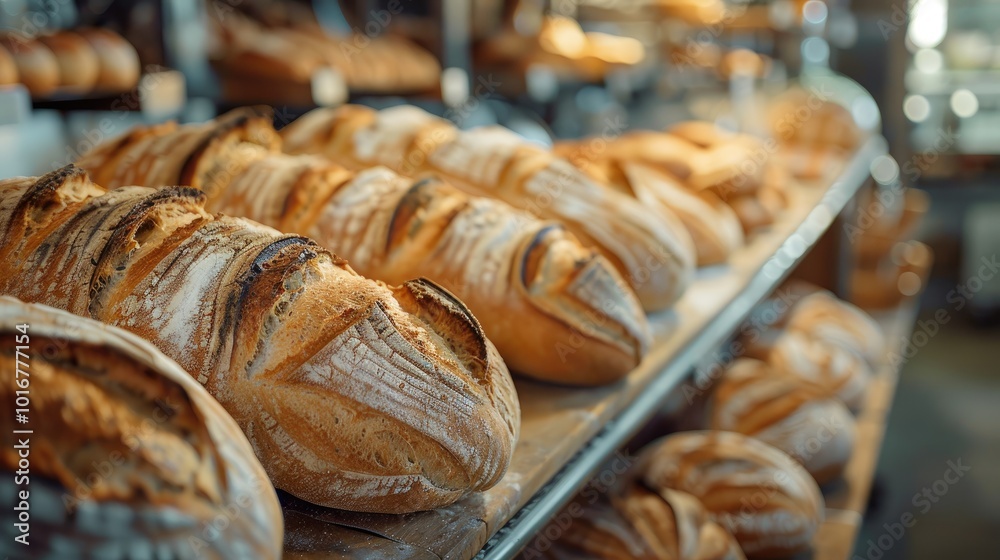 Freshly baked loaves of bread on display in a bakery. The loaves are arranged in rows and the light catches the crust, making it appear golden brown. Freshly baked loaves of bread on display in a bakery. The loaves are arranged in rows and the light catches the crust, making it appear golden brown.