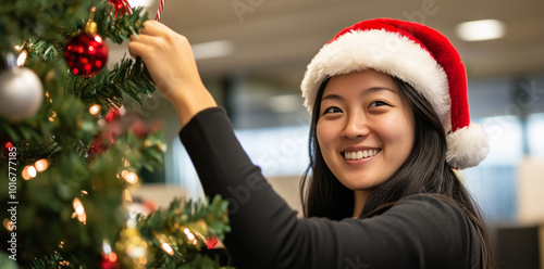 A young asian woman wearing a santa and black business suit is smiling while decorating a Christmas tree in a white minimalist office.  photo