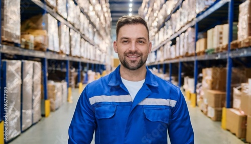 male worker wearing blue overalls in warehouse