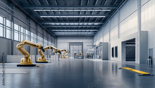 A modern and clean factory hall with multiple robotic arms working on different objects, such as panels, doors, or windows photo