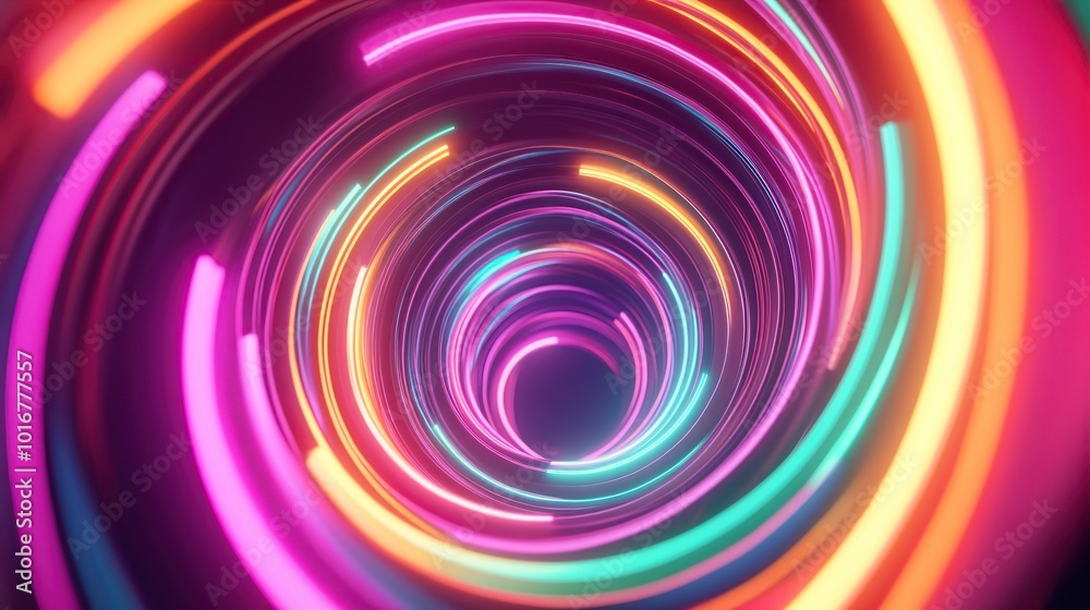 Abstract Colorful Neon Light Tunnel. Psychedelic Visual Effect with Rotating Spirals