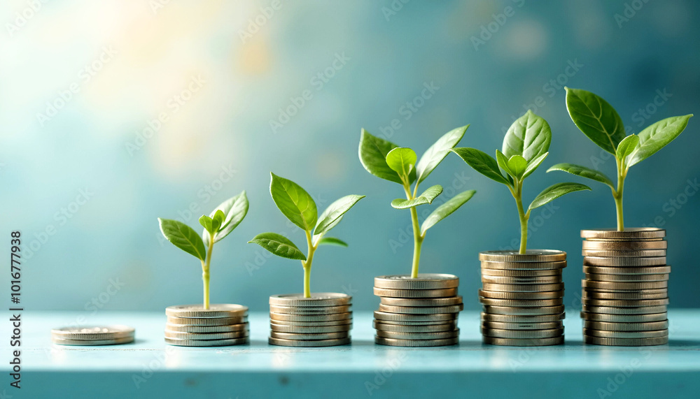 Growth of Investment Concept with Stacked Coins and Growing Plants. Symbolizing financial growth, investment, and wealth creation over time. Growth of Investment Concept with Stacked Coins and Growing Plants. Symbolizing financial growth, investment, and wealth creation over time.
