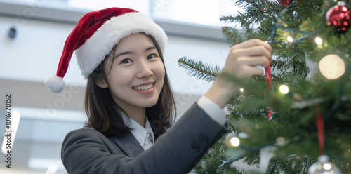 A young asian woman wearing a santa and grey business suit is smiling while decorating a Christmas tree in a white minimalist office.  photo