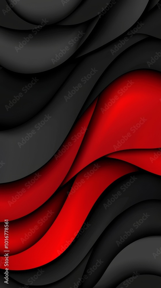 Obraz premium A black-and-red wallpaper featuring wavy lines resembling waves, with a red ribbon positioned centrally within the wave formation