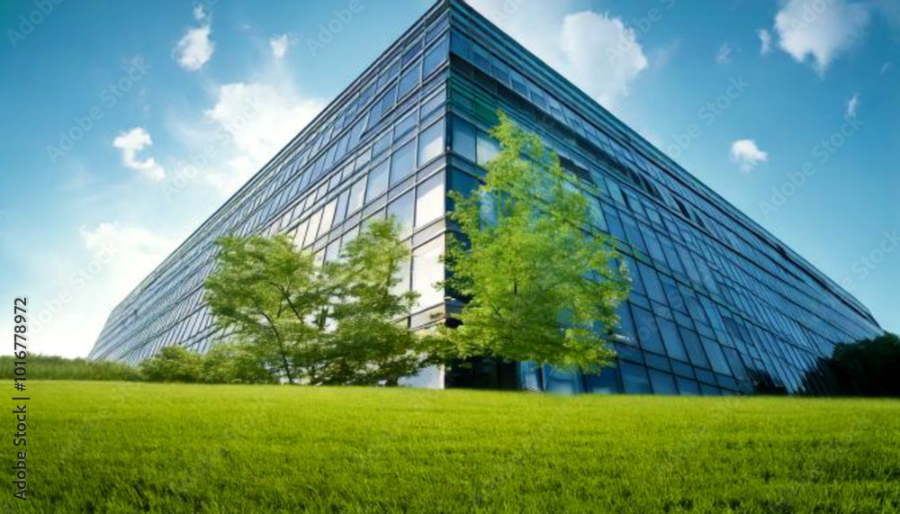 Sustainble green building. Eco-friendly building. Sustainable glass office building with tree for reducing carbon dioxide. Office with green environment. Corporate building reduce CO2. Safety glass Sustainble green building. Eco-friendly building. Sustainable glass office building with tree for reducing carbon dioxide. Office with green environment. Corporate building reduce CO2. Safety glass