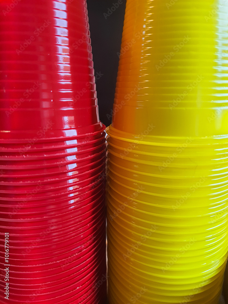 Close up of stack of colorful plastic cups. Close up of stack of colorful plastic cups.
