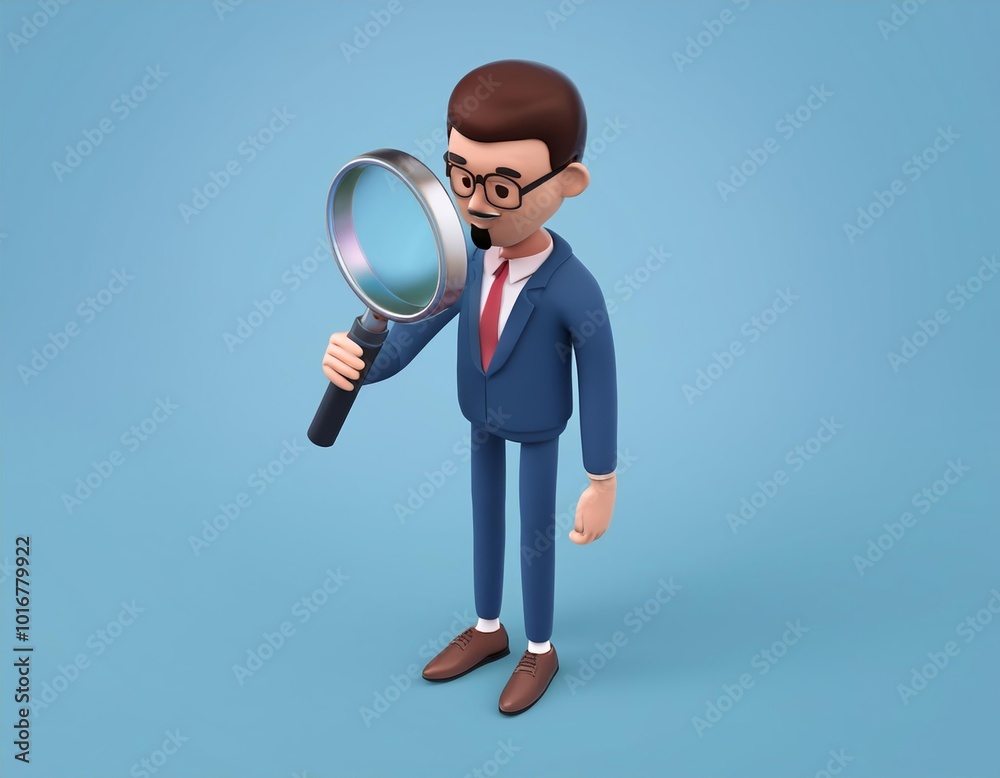 3D businessman in a suit holds a magnifying glass and looks intently through it, 3D illustration 3D businessman in a suit holds a magnifying glass and looks intently through it, 3D illustration