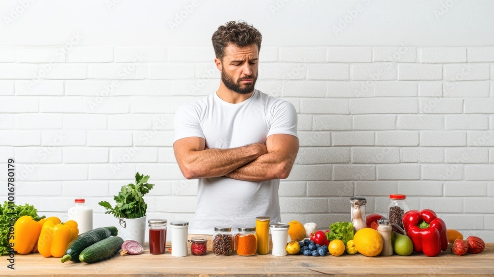 Fototapeta premium Man Concerned About Health and Nutrition Choices