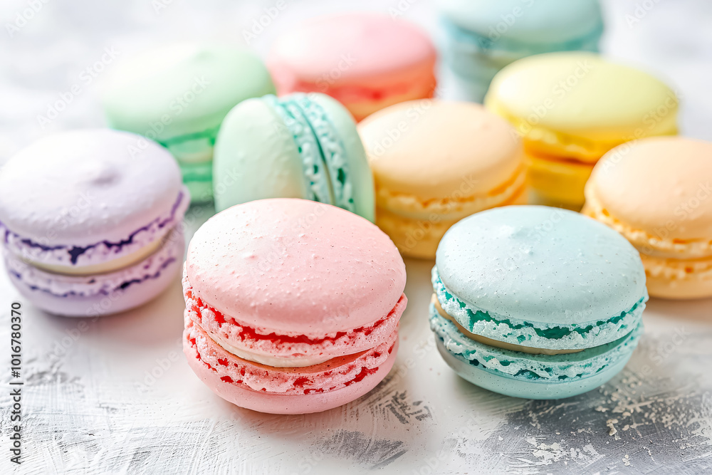 Row of colorful macarons are arranged on a table Row of colorful macarons are arranged on a table