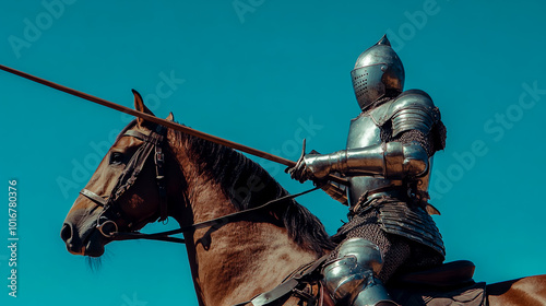 A mounted medieval soldier in full armor on a brown horse, holding a long spear