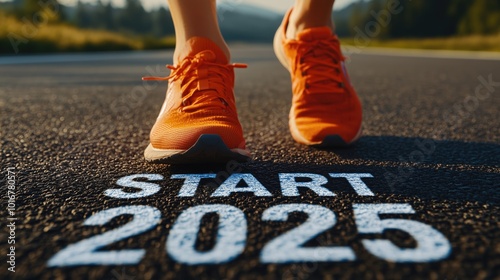 New year 2025 or start straight concept, word 2025 written on the asphalt road and athlete woman running preparing for new year at sunset, goals and plans for the next year, generative ai