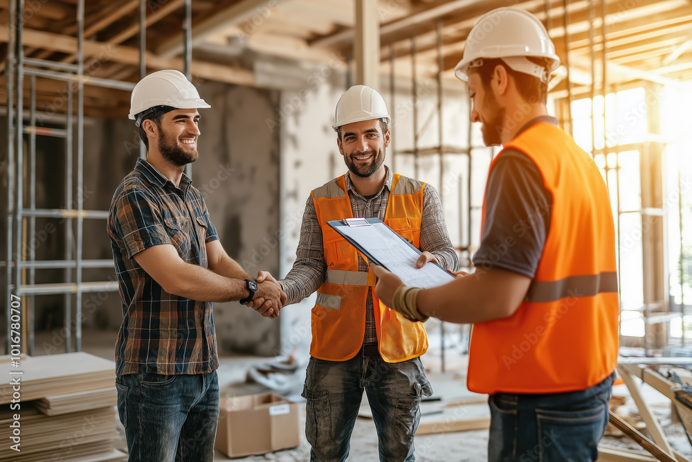 Three men are shaking hands in a construction site Three men are shaking hands in a construction site