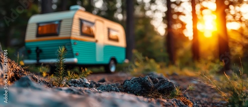  A small camper, colored blue and yellow, is parked amidst the forest Sunlight filters through the tree branches in the backdrop