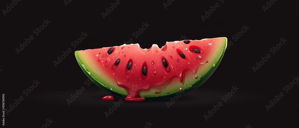  Watermelon slice against black backdrop, with droplets atop