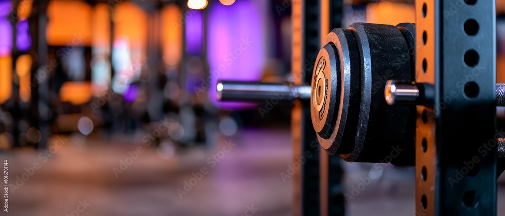 Obraz premium A tight shot of a barbell against a gyms backdrop, illuminated by purple and orange lights Background features a blurred image of additional barbells