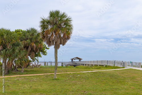 The pier extends into the bay with blue skies above and palm trees at Fort DeSoto Park. Tampa St. Petersburg September 2024 photo