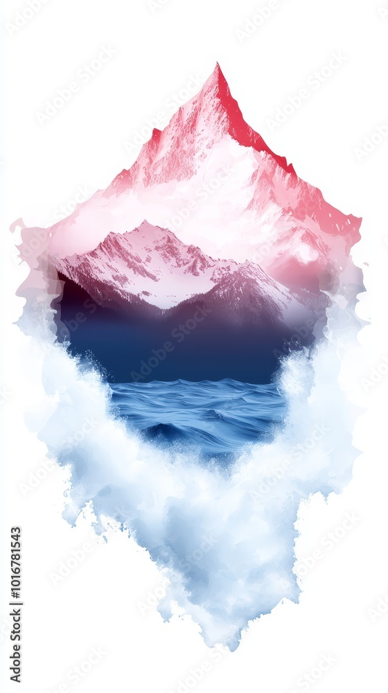 A watercolor mountain in lake's center, cloud-veiled before A watercolor mountain in lake's center, cloud-veiled before