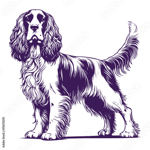 English Spaniel standing pose silhouette vector outlines on white background, English Cocker Spaniel dog - vector illustration
