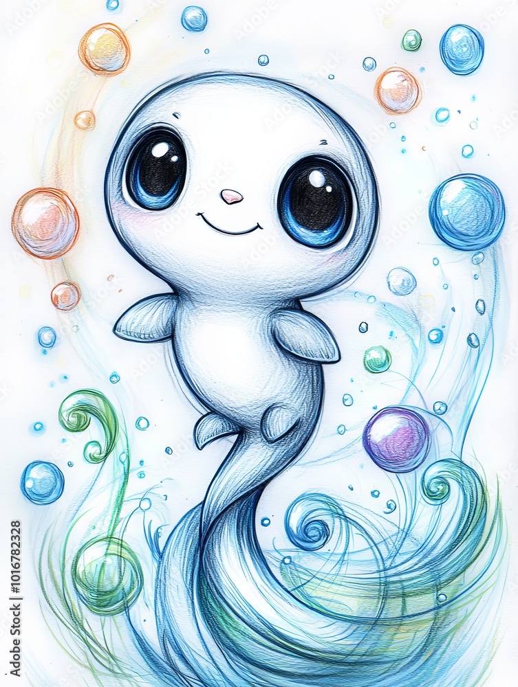 A charming drawing of a small dolphin with bubbles beneath it, topped by a joyful expression on its head A charming drawing of a small dolphin with bubbles beneath it, topped by a joyful expression on its head