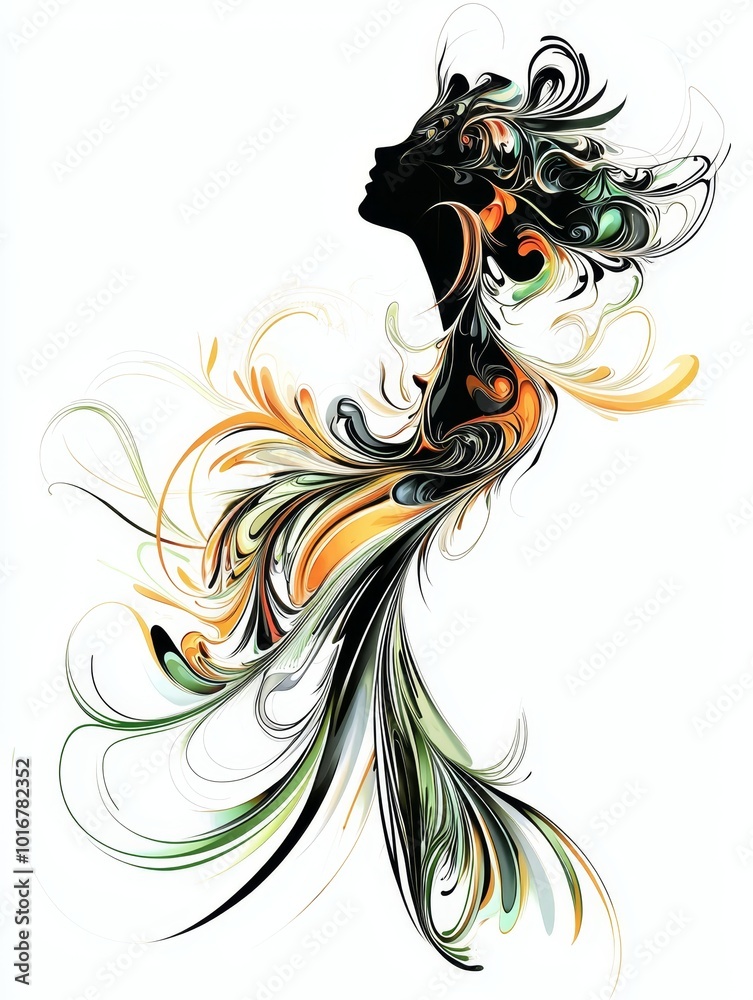 A portrait of a woman with long flowing hair and vibrant swirls adorning each side of her face A portrait of a woman with long flowing hair and vibrant swirls adorning each side of her face