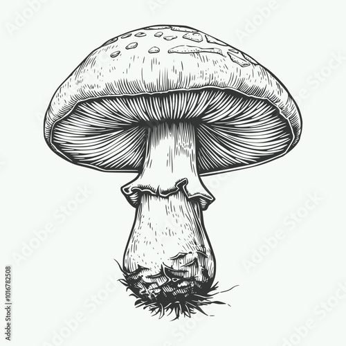 Vintage retro jand drawn engraving illustration of mushrrom wild nature outdoor organic food view