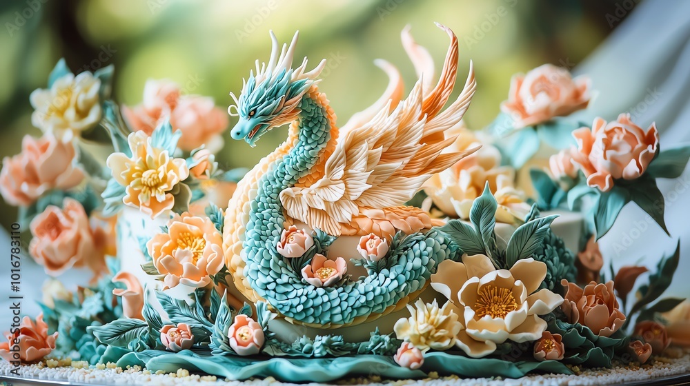 Obraz premium A green dragon cake surrounded by delicate pink flowers.