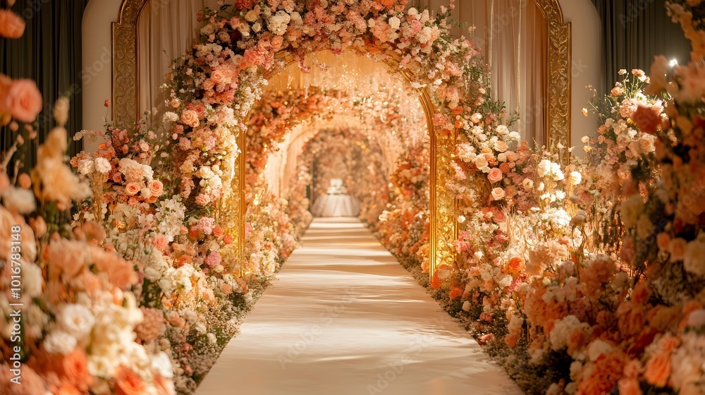 Fototapeta premium Luxurious floral archway with gold accents and a timeless elegant aesthetic adorns the grand entrance pathway of a lavish wedding ceremony event