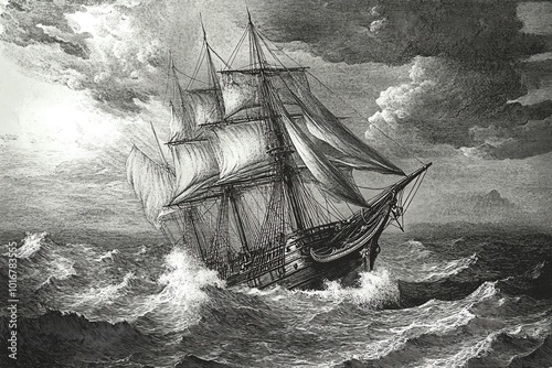 A ship sails through stormy seas under dramatic clouds.