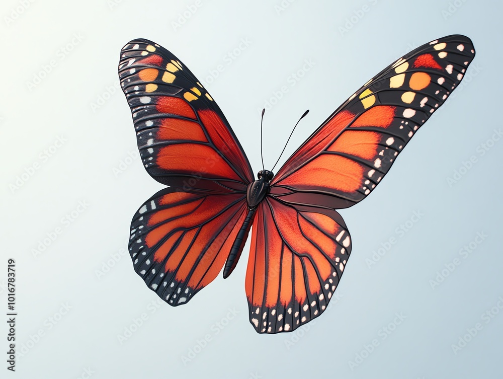 Obraz premium A vibrant orange butterfly with black markings in flight.
