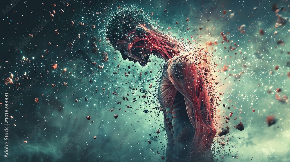 Fototapeta premium Abstract art of a man disintegrating into particles.