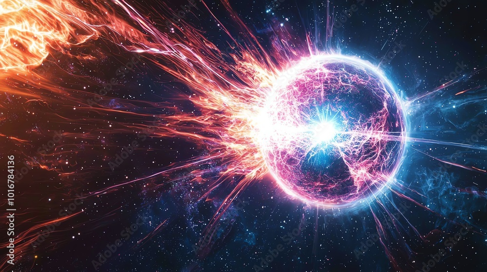 Fototapeta premium Abstract cosmic explosion with blue and red energy bursts.