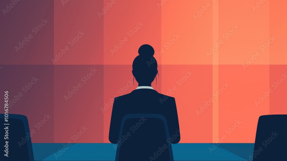 A silhouette of a professional woman sits at a table, facing a colorful wall, conveying themes of business, leadership, and contemplation. A silhouette of a professional woman sits at a table, facing a colorful wall, conveying themes of business, leadership, and contemplation.