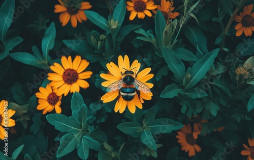 A macro shot of a bee perched on a bright yellow flower, surrounded by lush green foliage, emphasizing the beauty of nature and the importance of pollinators in a colorful floral landscape