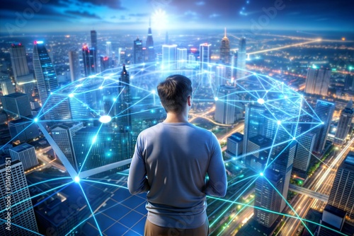 5G futuristic cityscape with networked lines and urban connectivity