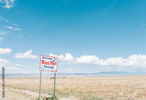 Welcome to Rachel Nevada road sign on the Extraterrestrial Highway, Route 375, Rachel, Nevada
