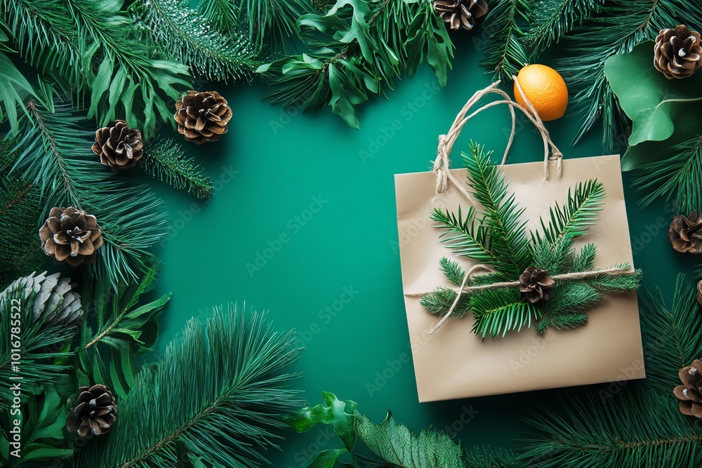 Gift bag decorated with pine branches and cones on green background. Gift bag decorated with pine branches and cones on green background.