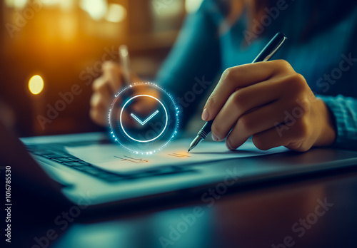 A person using an electronic pen to sign virtual documents on their laptop, with the digital document badge photo